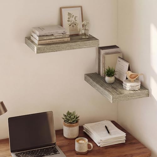 Image of Dreamland 16 Inches Floating Shelves for Wall, 9.3 inch Deep Long Floating Shelves Set of 2, Large Display & Storage Shelf, Wall Shelf for Bathroom Bedroom Living Room Kitchen Office, Grey
