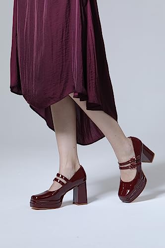 Coutgo Women's Platform Mary Jane Pumps Two Strap Square Toe Chunky Block Heel Sandals Party Shoes2