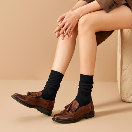 Image of BEAU TODAY Tassel Loafers for Women,Leather Brogue Dress Shoes,Wingtips Oxford for Women,Breathable Comfortable Slip-on Lace-up Handmade Flat Shoes for Business Work