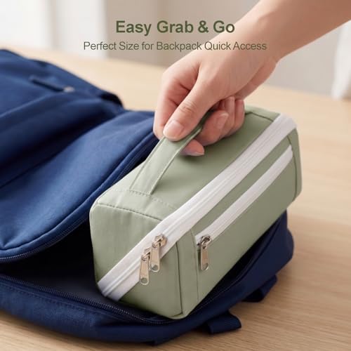 Image of Large Pencil Pouch - 8 Compartments, Wide Handle Organizer Bag | Wide Open Pen Bag, Flexible Dividers & Side Pockets, Handle, 900D Fabric, College Supplies for Teens, Green