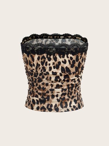 Floerns Women's Cute Lace Trim Strapless Tube Tops Summer Pattern Ruched Bandeau Crop Tube Tops2