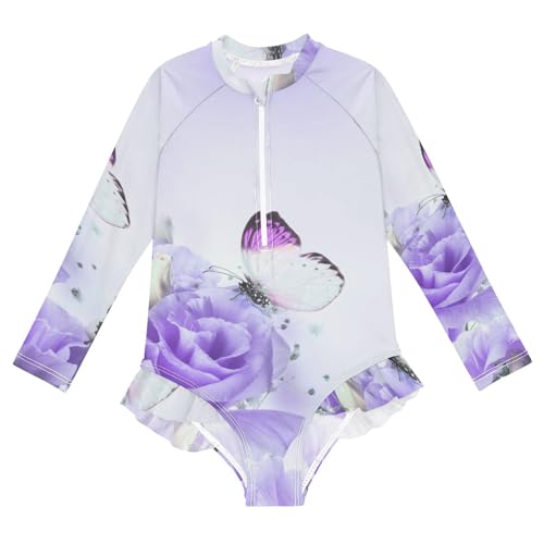 Girls One Piece Swimsuits Long Sleeve Swimsuit Zipper Bathing Suits Purple Rose Flower Butterfly