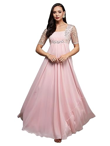 Image of Miss Chase Women's Round Neck Sleeve Embellished Fit Flare Maxi Dress