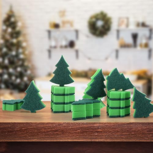 Image of Tioncy 12 Pack Christmas Tree Kitchen Sponges Bulk Dual Sided Scrubber Sponges Dishwashing Non Scratch for Kitchen Accessories Dish Scouring, Green
