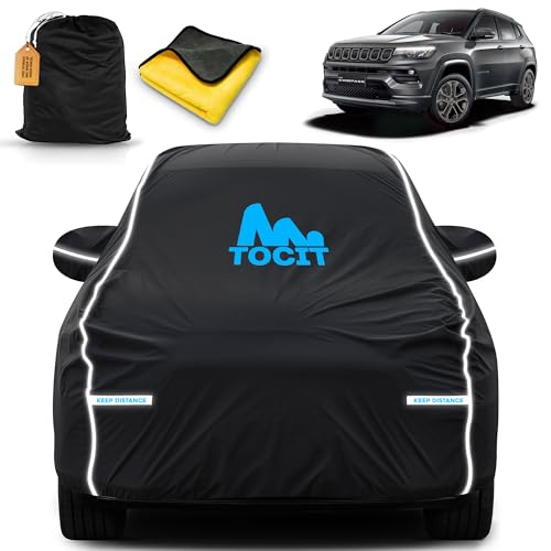 Image of Compass Waterproof Long Life Car Cover with Safety Glow Reflective Strap, Premium Velvet Velour Fabric, Soft & Stretchable, Machine Washable, Tri-Stitch Custom Fit with Mirror Pocket