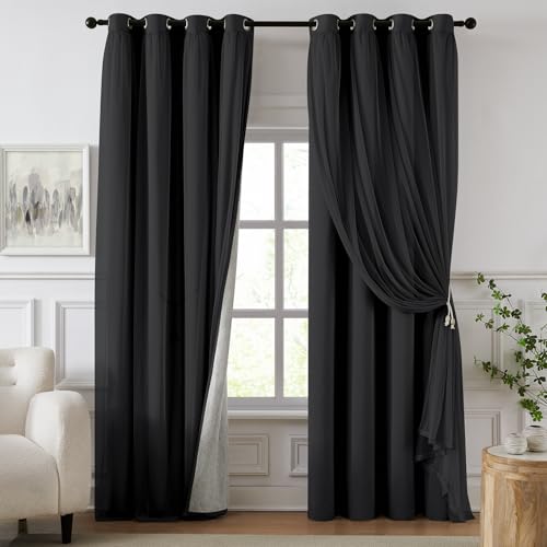 Image of 100% Blackout Curtains for Bedroom, Double Layer Black Curtains, Black Out Curtain 63 inch Long with Sheer Overlay for Living Room, Room Darkening Window Drapes with Grommet, 52 inch W x 63 inch L