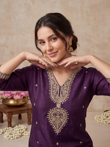 Image of INDO ERA Women's Black Silk Blend Embroidered Mirror Work Kurta & Pant with Dupatta Set (IEDDAI484)