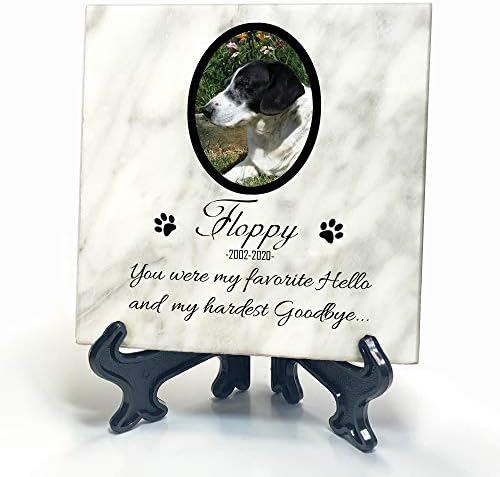 TULLUN Personalised Memorial White Marble Stone Plaque + Stand For Pet Cat Dog Frame Paw Grave Marker - Size |4" x 4" or 10 x 10 cm|- Photo