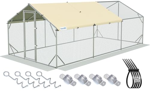 Quictent Premium Large Metal Chicken Coop Run Upgraded with Reinforced Hardware Cloth & Galvanized Metal Tube Walk-in Poultry Cage for Outdoor Yard Farm Waterproof Cover 19.7x9.8x6.6FT