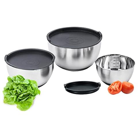 Coninx Set of Three Salad Bowl Stainless Steel Mixing Bowl Silver Serving Bowl Stainless Steel Bowl Set Large/Medium/Small Cover