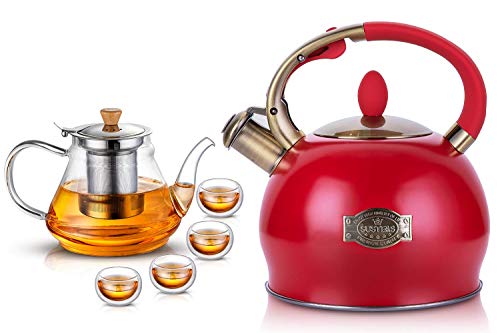 SUSTEAS 2.64 Quart Stove Top Whistling Tea Kettle and 33oz Glass Teapot with Extra Double Wall cups