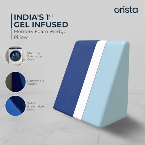 Image of Orista Wedge Pillow Made with Advance Gel Blended Memory Foam Complete Back Support, Acid Reflux, Anti Snoring, Leg Elevation, Improves Comfort and Posture | 20 x 20 x 10 Inch | Blue Velvet Cover