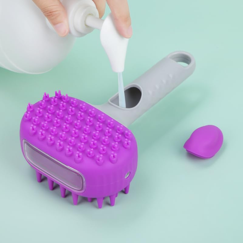 Pet Dog Bath Brush, 2 in 1 Silicone Brush Bathing Grooming Massage Brush with 6.8oz Shampoo Dispenser for Long & Short Haired Dogs Cats Shower