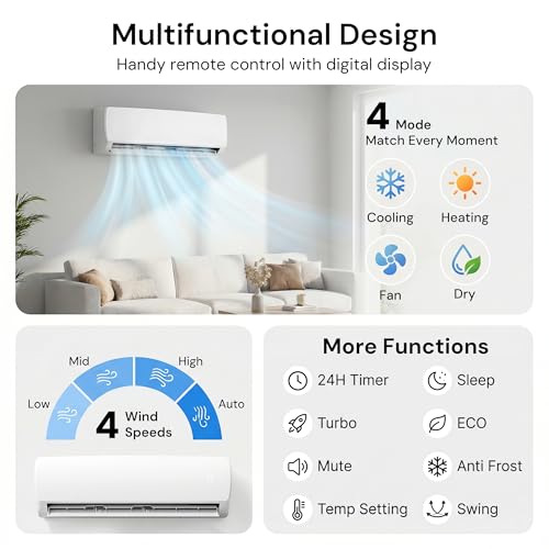 Image of MEPTY 9000BTU Mini Split AC /Heating System, 19 SEER2 Energy Efficient Mini Split Air Conditioner with Heat Pump, 110V Cools Up to 450sq.ft, Ductless Inverter AC Unit with Pre-Charged Condenser