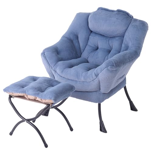Image of Tiita Lazy Chair with Ottoman, Blue Modern Large Accent Armchair, Comfy Leisure Sofa Reading Chair with Footrest for Bedroom, Living Room, Dorm Rooms, Garden, Plush Light Blue