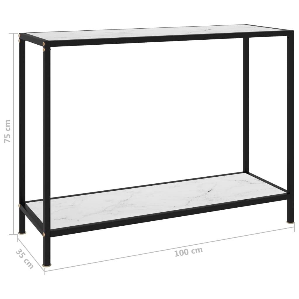Stolik konsolowy, biały, 100 x 35 x 75 cm, szkło hartowane z malowaną proszkowo stalową półką, wygląd marmuru, do salonu, sypialni, korytarza, zajmuje mało miejsca i stabilny