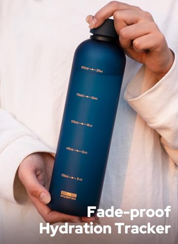 Image of Opard Slim Water Bottle 32oz, Dishwasher Safe Plastic Water Bottle BPA-Free, Leakproof Screw Top, Midnight Blue, Reusable for Travel School Sport Gym Hiking
