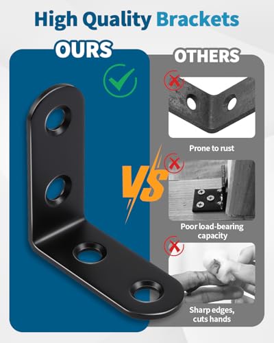 Image of 12 PCS 1.57'' x 1.57'' Stainless Straight Flat Brackets, Black Flat Metal Brace Bracket, Support Flat Metal Brace for Wood Furniture, Mending Plate Connector Joining Bracket for Fence,48 Screws