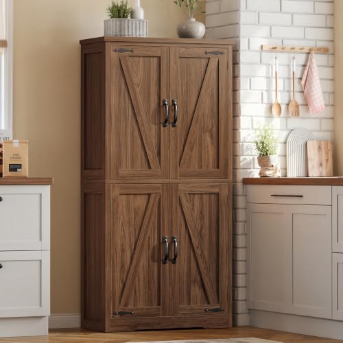 Image of TEENFON 58 inch H Storage Cabinet with Adjustable Shelf, Kitchen Cabinet with 4 Doors, Farmhouse Pantry Cabinets, Cupboard for Kitchen, Bathroom, Living Room, Walnut