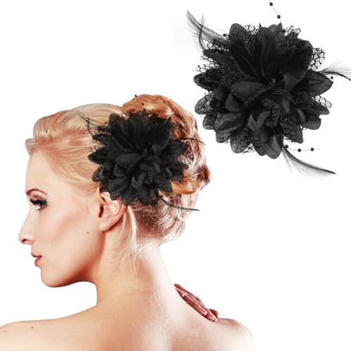 MWOOT 2 Pinzas de Flores para el Pelo con Plumas, Horquillas para el Pelo con Flores, 1920S Tocados de Plumas, Negro Fascinator Retro para Mujeres, Accesorios Cabello para Cóctel Boda Fiesta del Té