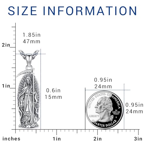 Eusense La Santa Muerte Necklace for Men Women - Gold 14K 925 Sterling Silver Jewelry Cadena De La Santa Muerte Pendant Grim Reaper Scythe Skull Owl Grim Reaper Necklace2