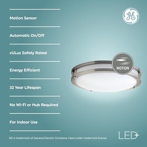 Image of GE LED+ Motion Sensor Fixture, 20W, Flush Mount Ceiling Light with Motion Sensor, Security Light, Soft White (1 Pack)