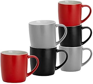 Argon Tableware 6 Piece Matt Tea and Coffee Mug Set - Modern Style Porcelain Cappuccino Latte Mugs - Black Red Grey - 350ml