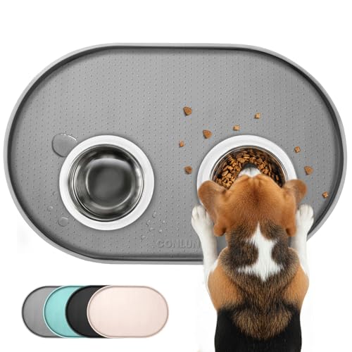 Conlun Tappetino Ciotola Cane, Tappetino Ciotole Gatto con Bordi Rialzati di 1,2 cm per Contenimento Degli Schizzi, Tappetino Silicone per Animali Senza BPA, Sottociotola per Cani(Grigio,48x30 cm)