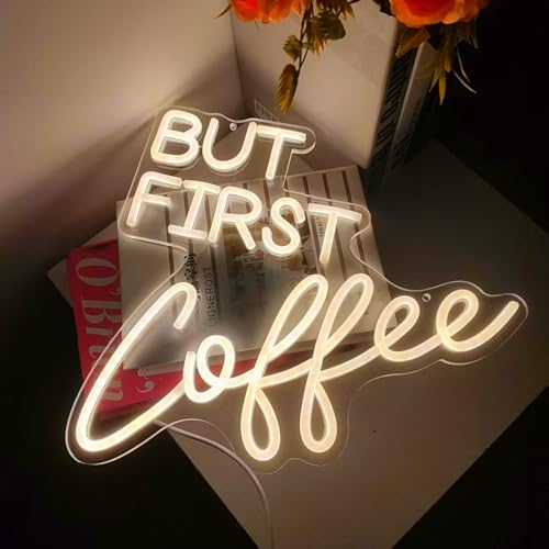 Image of Coffee Bar Signs for Home Kitchen Cafe Corner Shop Decor LED Dimmable But First Coffee Light up Neon Light Signs 5V USB Powered with Hanging Chain,Gifts for Birthday Shop Open(B-Warm White)