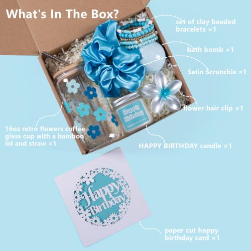 Image of JTEWB Birthday Gifts For Women, Teen Girl, Her, Happy Birthday Gift Box For Girl, Women, Sister, Daughter, Friends, Cute Daisy Aesthetic Glass Cups Gift Set 7pcs (Aqua Turquoise)