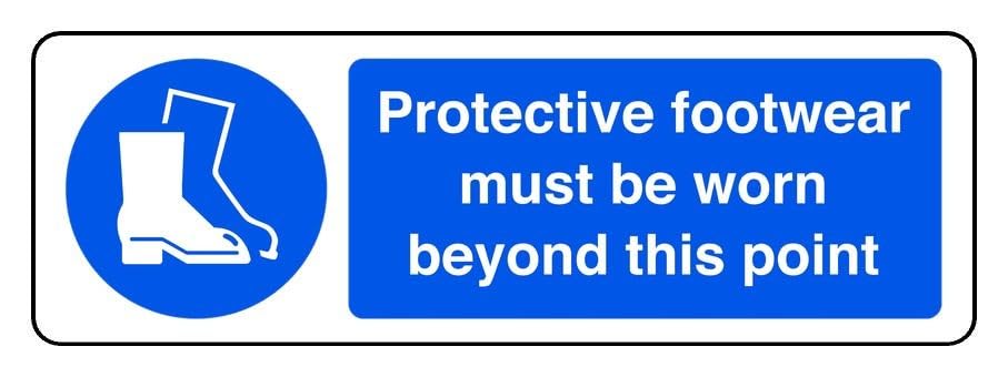 Protective Footwear Must Be Worn Beyond This Point - safety sign - High tack self-adhesive sticker (300mm x 100mm) Viewing Distance within 5m.