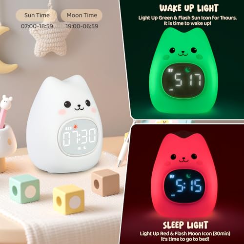 Image of Cat Alarm Clock with Night Light for Kids with Sleep Training and Sound Machine, Rechargeable Silicone Lamp OK to Wake Clock,Cute Animal Tabletop Lamp, Perfect Sleep Companion for Boys Girls