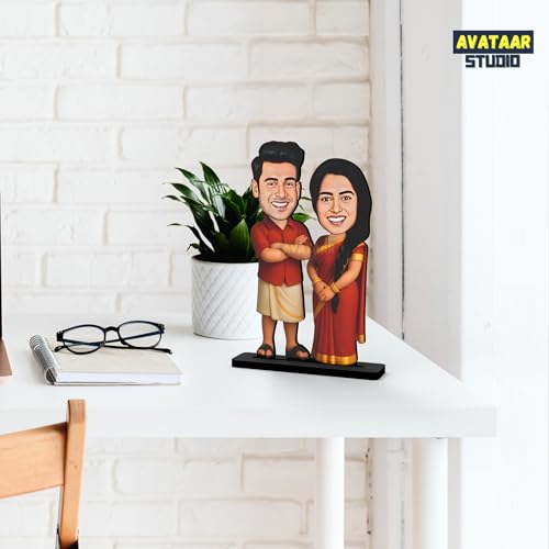 Image of Wood Rectangular Personalized Caricature Gift for Couple, 7 Inches, Tabletop Multicolor, Art Deco Style (Couple 10)