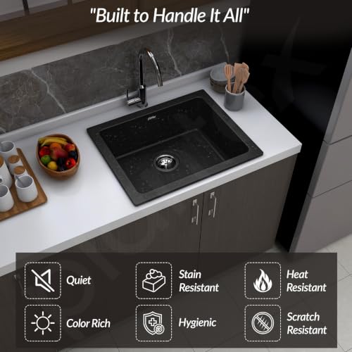 Image of Plantex Undermount Sink For Kitchen /Quartz Acrylic Kitchen Sink With 10 Years Warranty /Metalic Single Bowl Kitchen Sinks With Coupling (Siapan-24X18 Inches, Metallic, Black)