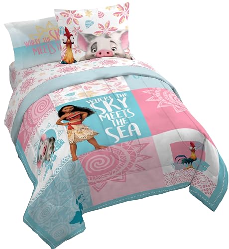 Jay Franco Disney Moana Queen Comforter Set â€“ Tropical Patchwork 7 Piece Bedding Features Pua and HEI HEI - Includes Sheet Set & Pillow Covers - Super Soft Kids Microfiber Bed Set