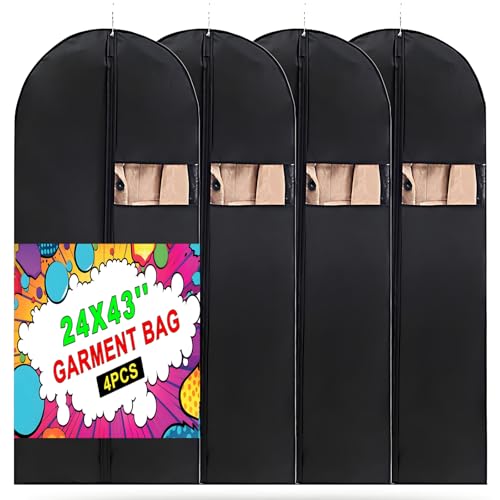 DOTUHAO Garment Bag, 24'' x 43'' Suit Bag, 4 Packs, Dress Bags for Gowns, Garment Bags for Travel, Travel Garment Bag, Garment Bags for Hanging Clothes, Washable Suit Cover for Suits, Coats (Black)