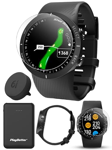 Shot Scope V5 (Black) Golf GPS Watch Bundle - Automatic Performance Tracking, Full Hole Maps, Distances to Greens, Hazards, Doglegs with PlayBetter Portable Charger & Screen Protectors