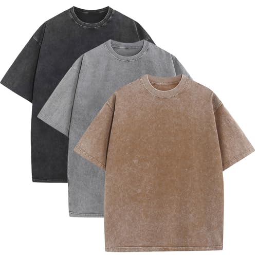 3 Pack Men's Oversized Cotton T-Shirts Loose Fit Vintage Tee Short Sleeve Casual Tshirts Solid Tops(BKGYCF,L)