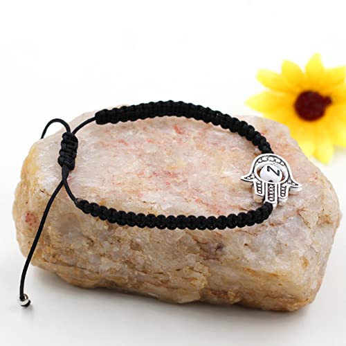 Image of Uloveido Customized A to Z 26 Letters Hand of Fatima Bracelet - Fatima Hamsa Hand Evil Eye Protection Bracelet Lucky Charm Adjustable Braided Black String
