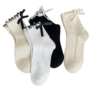 Womens Bow Socks Ruffle Casual Crew Black Whitte Soft Breathable Cotton 4 Pairs Socks
