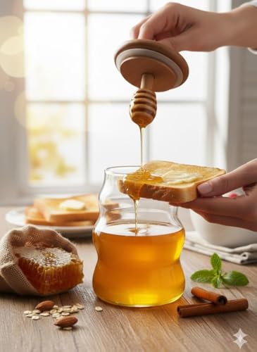 Image of SUANI Air Tight Honey Glass Jar with Wooden Dipper and Bamboo Lid | Transparent Borosilicate Honey Jar | Odor Free Honey Jar, (500ml) (Pack Of 2)