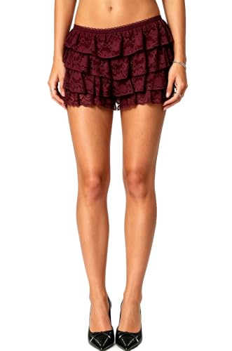 Image of Yiulangde Women Lace Bloomers Layered Ruffle Mini Shorts Y2k Pettipants | Shorts Women,Lolita Ruffled Bloomer Shorts for Under Skirts,Fluffy Booty Shorts,Rave Boy Short Panties,Going out Bottoms