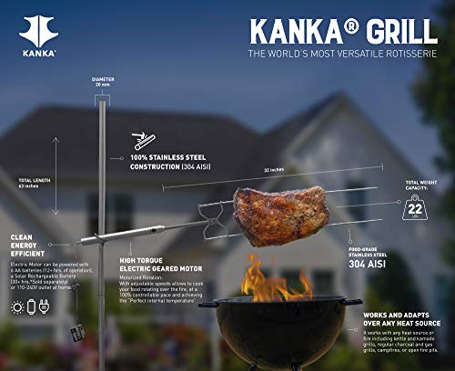 The Kanka Grill: Heavy Duty Rotisserie Grill For Home + Portable For Outdoors. Electric Motor Works With 110-240V Or Batteries. Cook Over Any Grill Or Fire. All Steel Professional Grade Equipment #TOP5