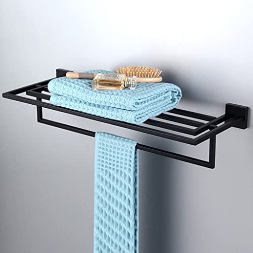 Toallero de baño doble negro mate de pared con estante plegable 3
