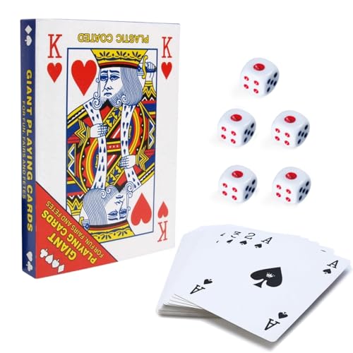 Tokaneit Übergroßes Poker Deck, Riesige Poker Spielkarten, Spielkarten Spiel Kartenset, Wasserfeste Kunststoffspielkarten mit 5 Würfel für Familie, Party, Pokerkarten, Spiele Karten (17x11,7cm)