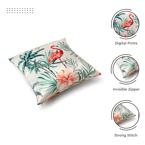 Image of Encasa XO Polyester Spring Printed Cushion Covers, No Inserts, Pack of 2 | Flamingo, 20 inchx20 inch | 300 TC Twill Fabric | Digital Botanical Print | Double Sided Pattern | Concealed Zipper