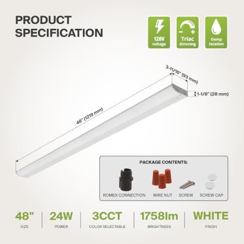 Image of ASD LED Under Cabinet Lighting, 48 inch 24W 1758 LM Dimmable Hardwired Under Cabinet Lights for Kitchen, 3000K Soft /4000K Cool /5000K Daylight, Under Counter Light Fixtures, ETL, White, Bullnose Design