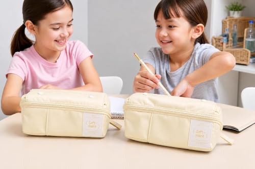 Image of Invite Multi-Functional Soft Pencil Case for Girls | Large Capacity Zipper Pouch with Multiple Compartments | Aesthetic Stationery Organizer for School, College & Office (Soft More Yellow)