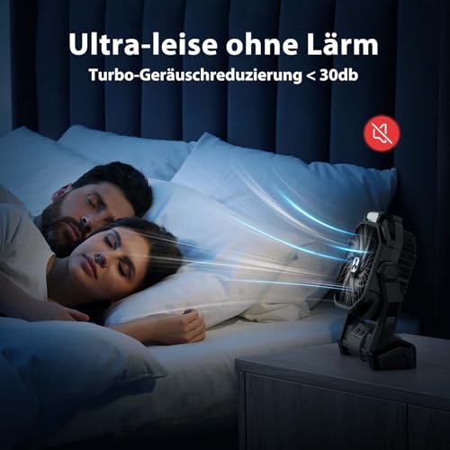 PDBEST Batteriebetriebener Ventilator 20000mAh Kabellos, Wiederaufladbarer Tragbarer Ventilator mit LED-Laterne, Tischventilator, USB-C-Akku Campingventilator für Reisen, Strand, Schwarz Black – Bild 6