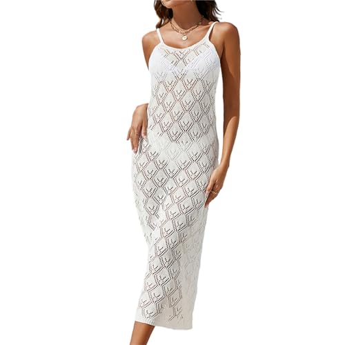 Vestido largo de crochet para playa y bikini de mujer ajustable